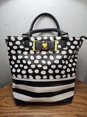 Betsey Johnson Black & White Polka Dot Tote with Yellow Heart Bow